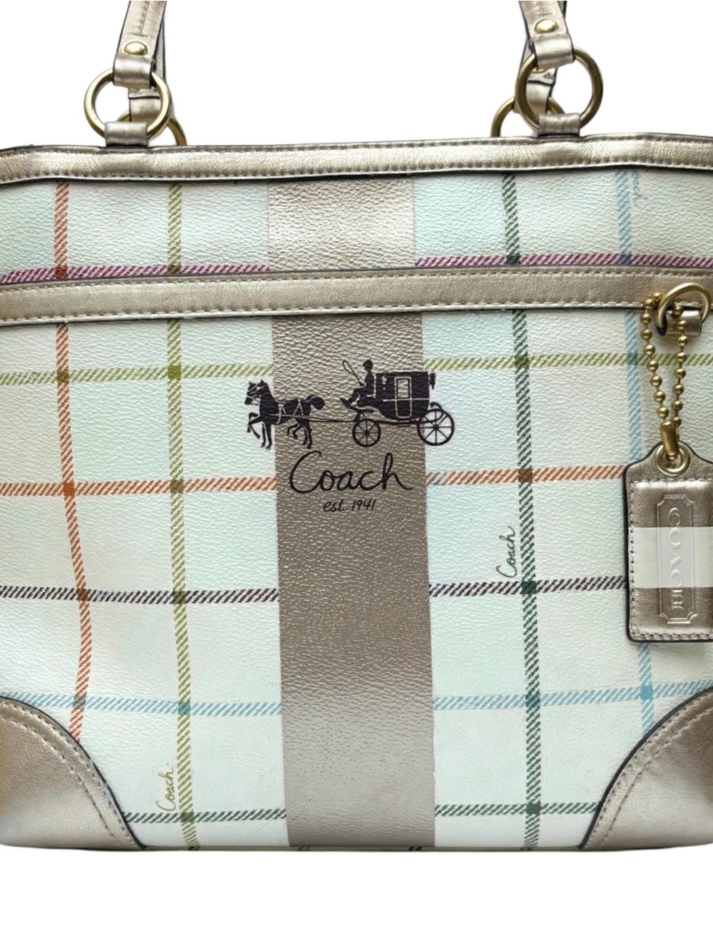 Coach Heritage Tattersall Tote 13032 - Cream Plaid Gold Trim Shoulder Bag Y2K